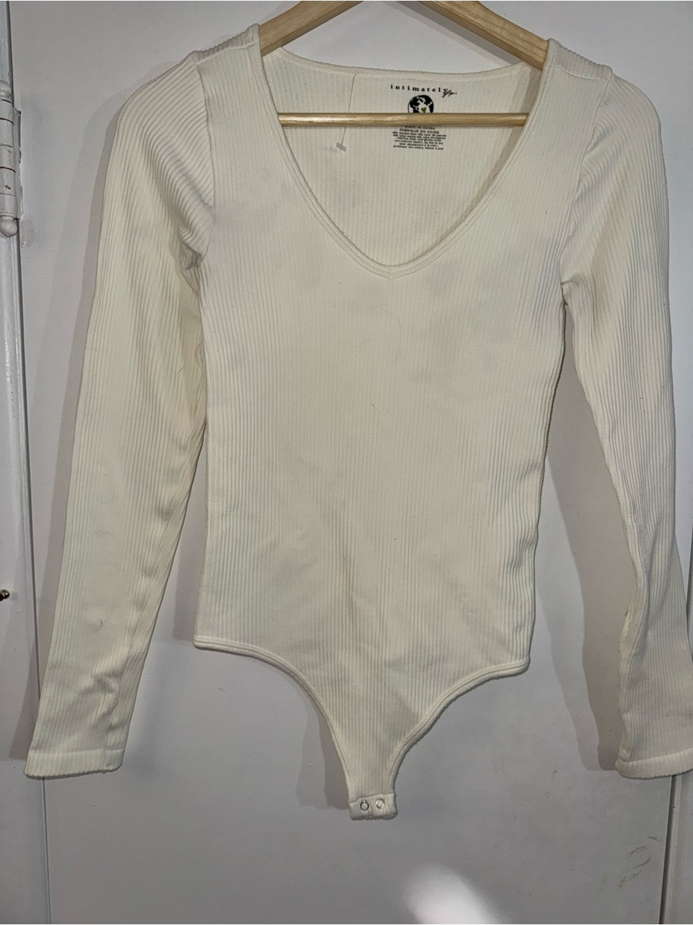 Long Sleeve Ribbed V-Neck Bodysuit in Cream